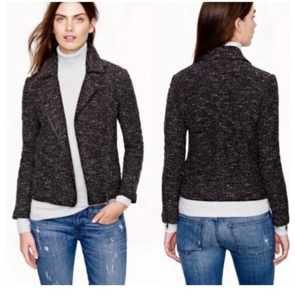 J Crew Tweed Boucle Moto Zipper Detail Jacket Black White 6 - Picture 1 of 7